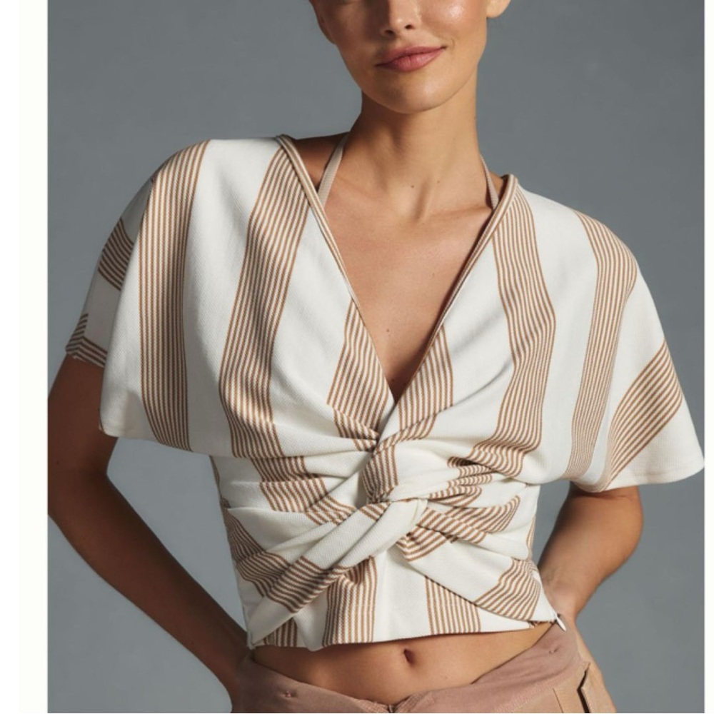 Anthropologie Cream and Tan Striped Twist-Front Crop Top